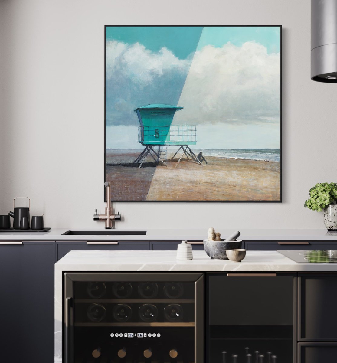 Impressionistic Landscape Oil Painting By Bo Kravchenko, 48 X 48, Beach Lifeguard Tower 8, Original Artwork