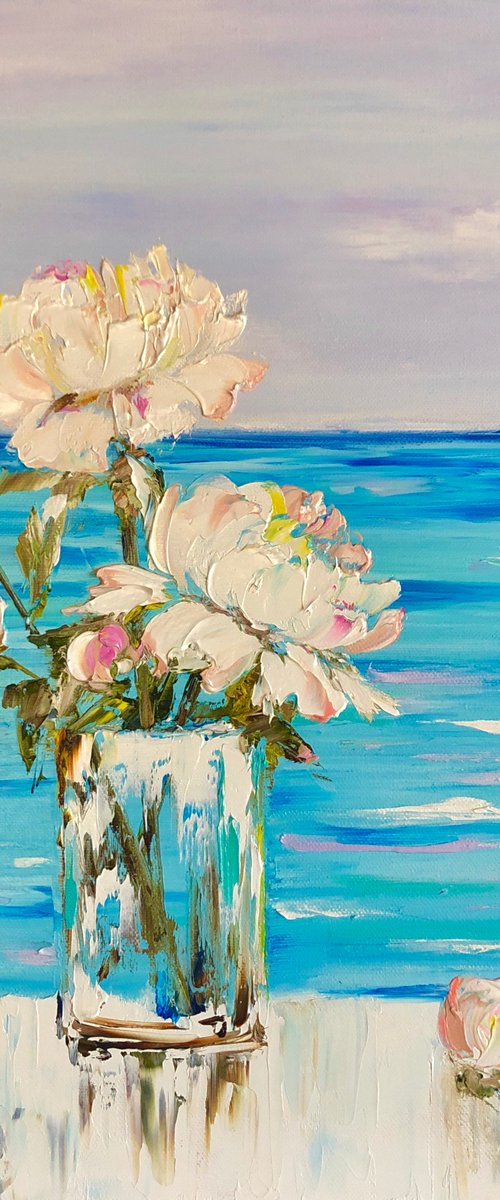 FLOWER MORNING - Seascape. White. Peonies. Tenderness. Shore. Blue art. Ocean view. Horizon. Romantic. Mood. by Marina Skromova