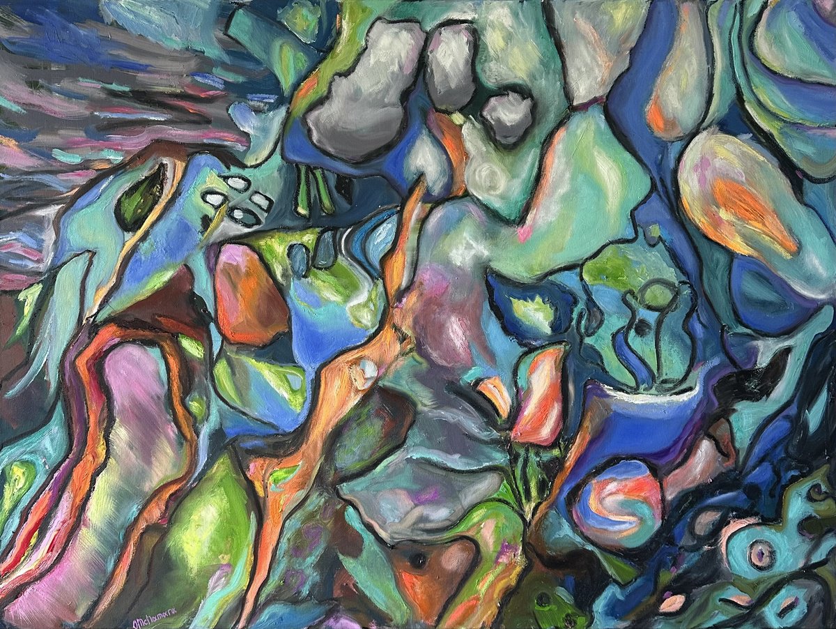 Expressive Abstract Oil Painting By Olga Mcnamara Biennaleartist, 48 X 35", Flux, Original Artwork