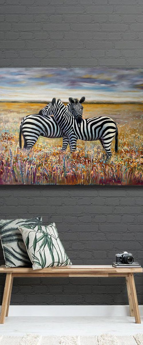 "When zebras are together". Original oil painting. XXL by Mary Voloshyna