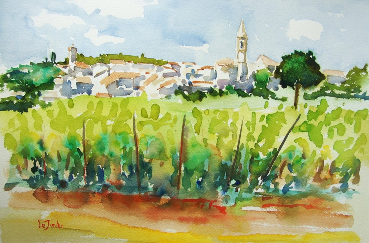 Impressionistic Landscape Watercolour By Jean-Noel Le Junter, 21 X 17, A French Village, Original Artwork