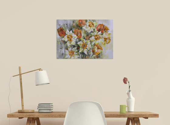 Spring daffodils 2. one of a kind, handmade artwork, original painting.