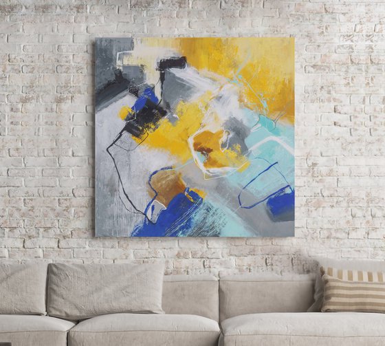 "Warm and cold" Abstrac yellow blue teal art