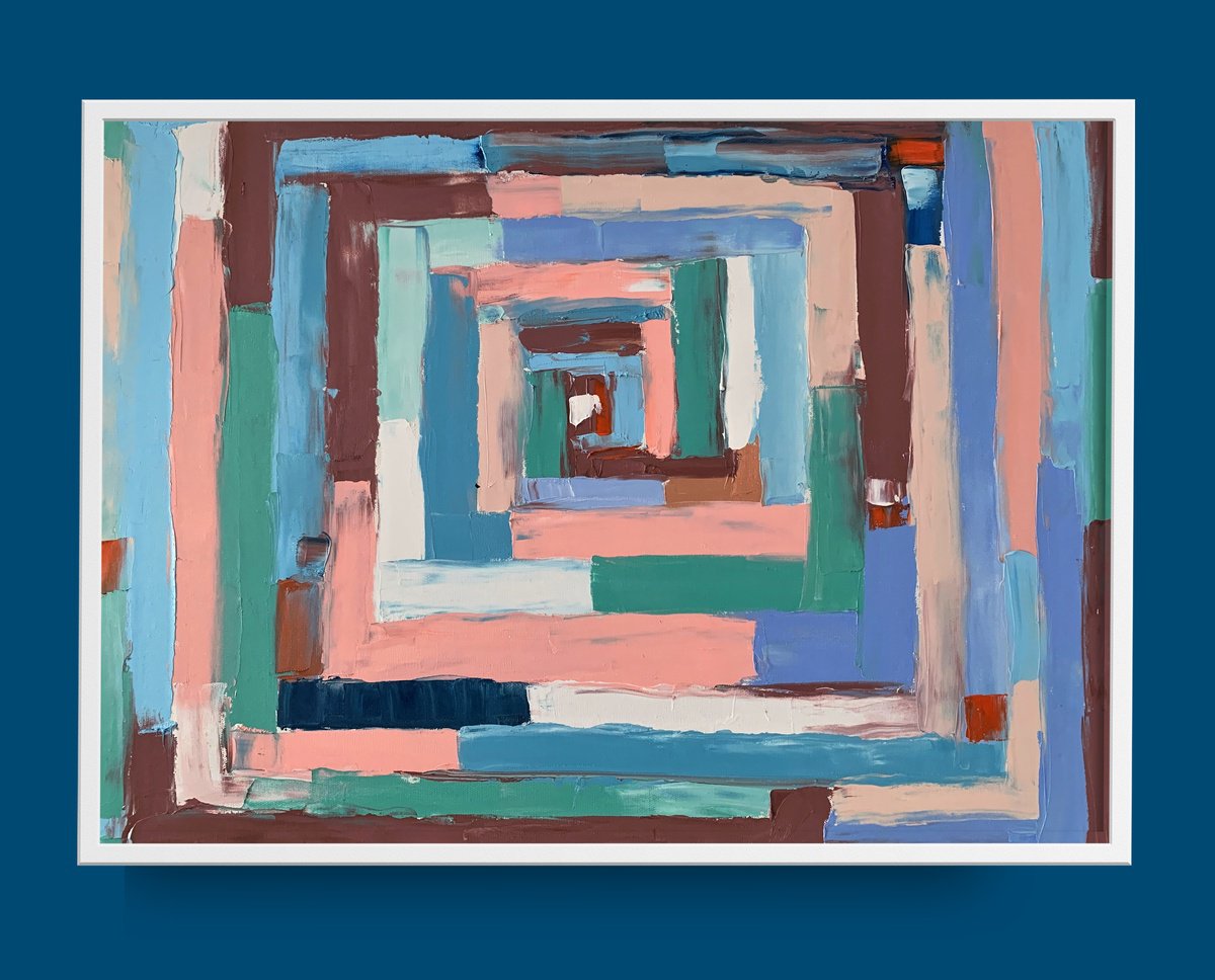 Geometric Abstract Oil Painting By Vita Schagen, 28 X 20", Colorful Maze., Original Artwork