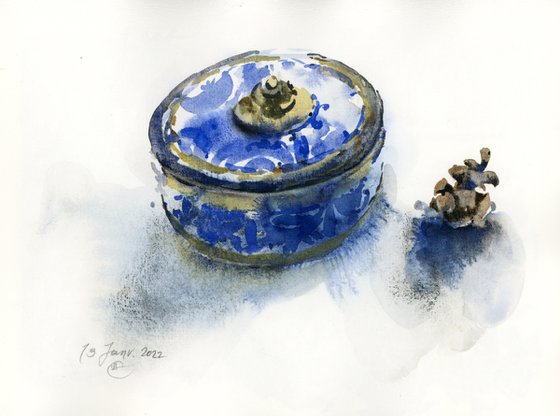 Still life with moroccan pottery and cypress cone.
