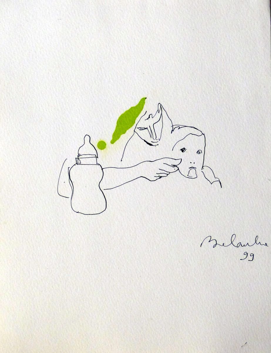 Cartoon Portrait Ink Drawing By Frederic Belaubre, 9 X 13, Mother Feeding A Baby, Original Artwork