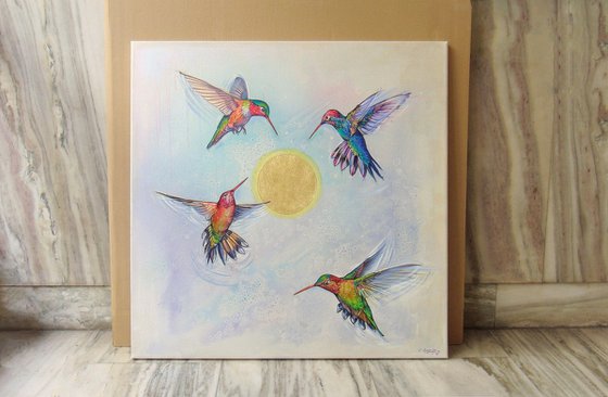 35.4" ”Shining Sun and Hummingbirds” Large Painting