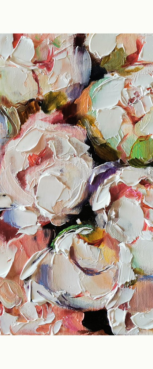 Сream Peonies flowers painting, Miniature painting on canvas by Annet Loginova