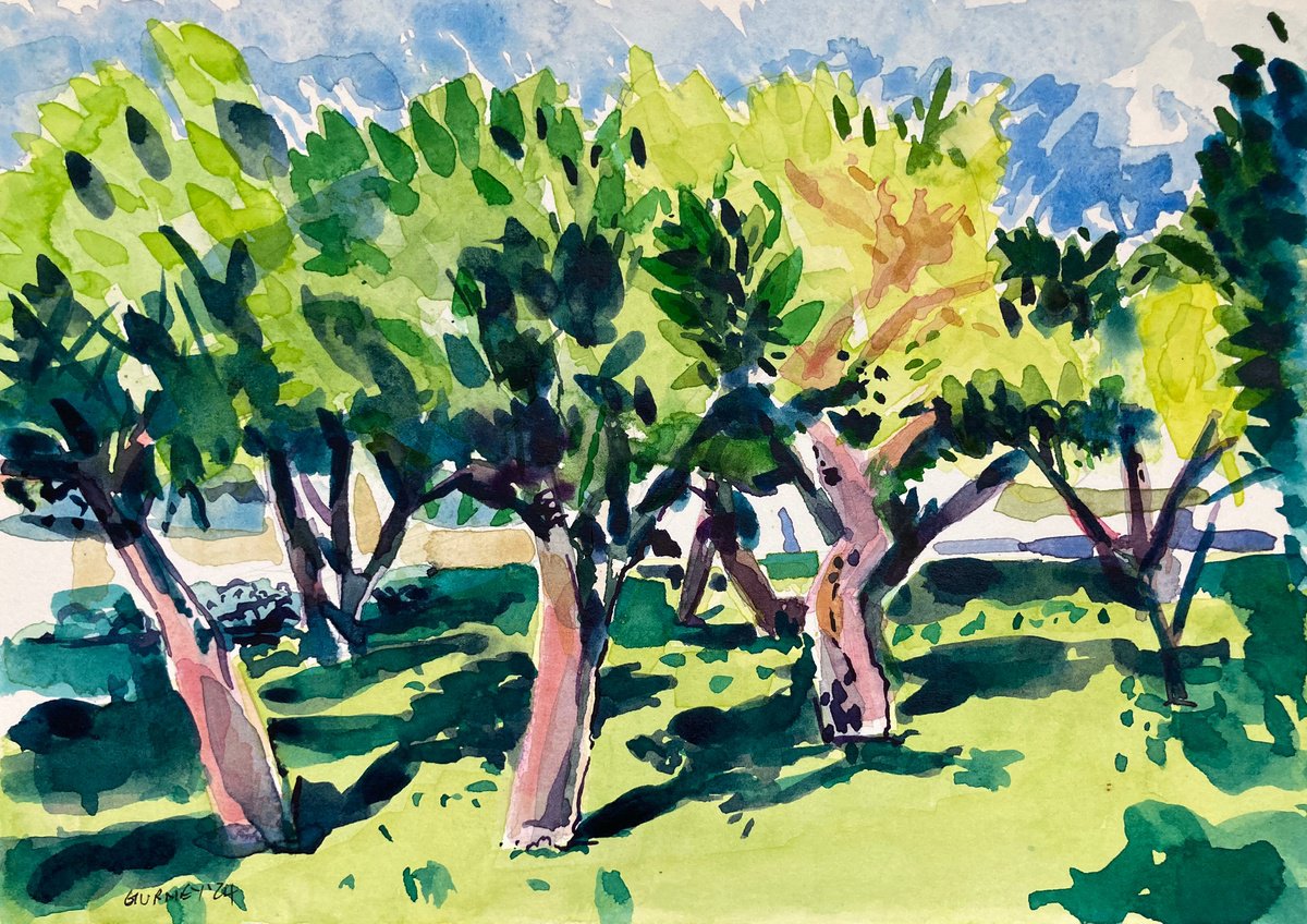 Impressionistic Landscape Watercolour By Paul Gurney, 10 X 7", Orange Trees, Villa Gioia, Original Artwork