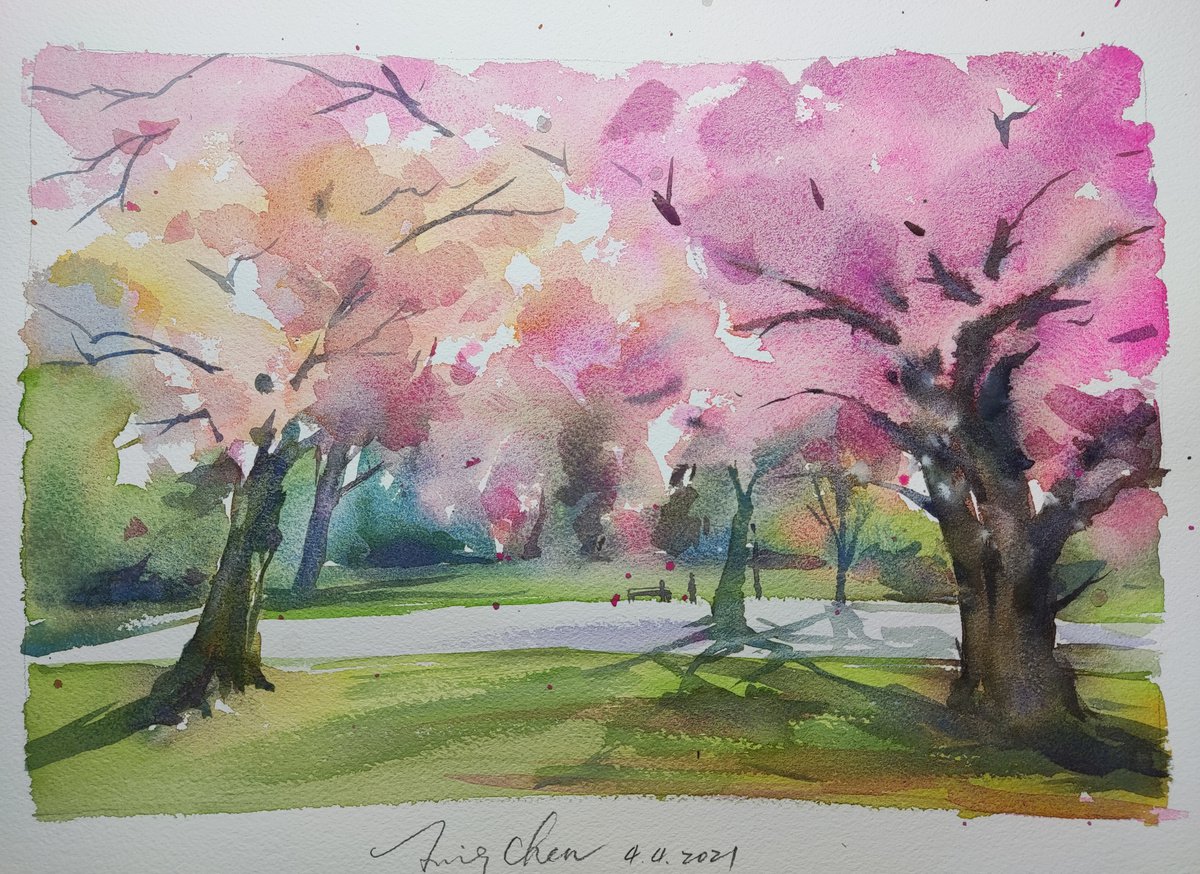 Impressionistic Landscape Watercolour By Jing Chen, 15 X 11, Sakura 3, Original Artwork