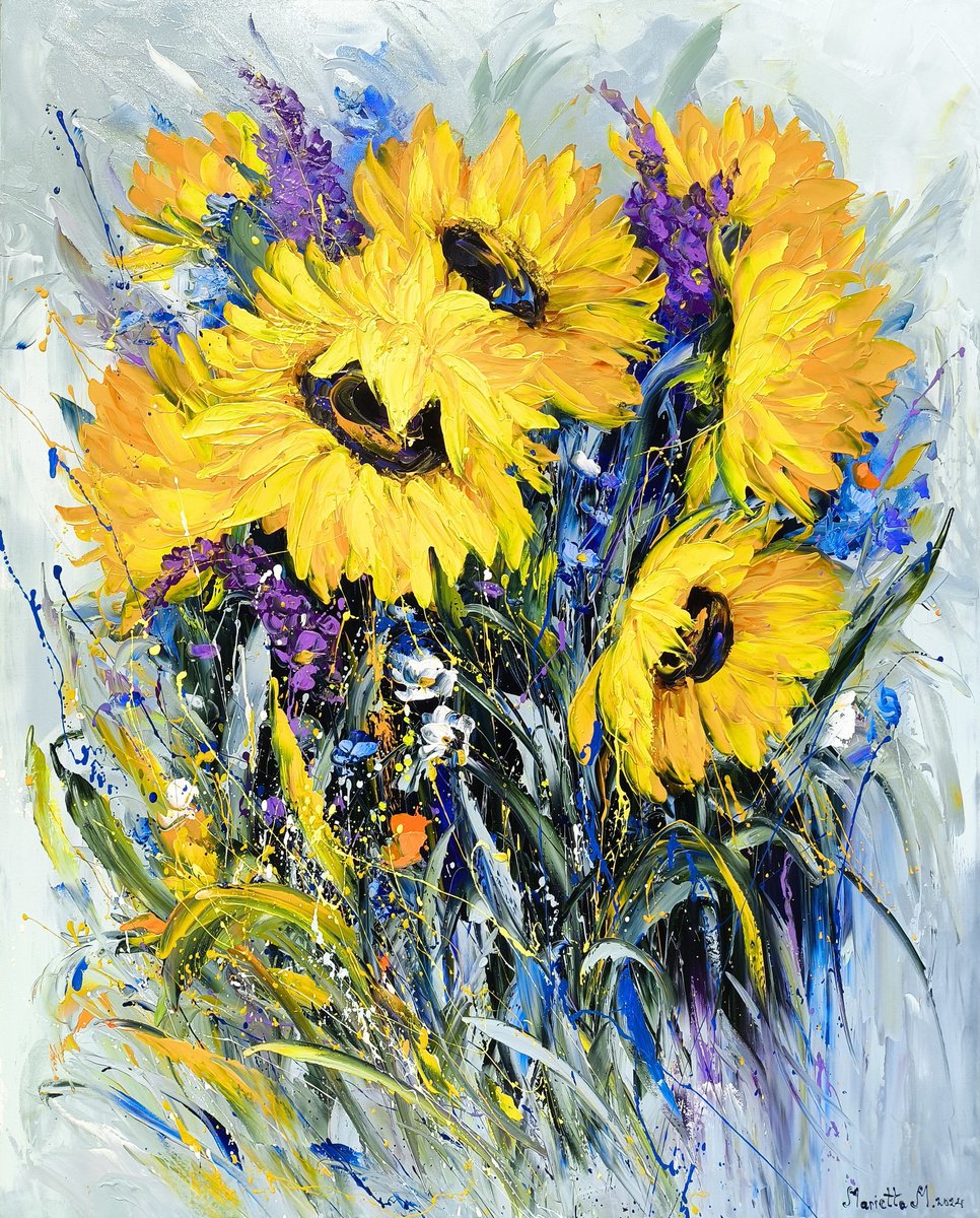 Impressionistic Botanical Oil Painting By Marieta Martirosyan, 31 X 39", Cheerful Field Bouquet, Original Artwork