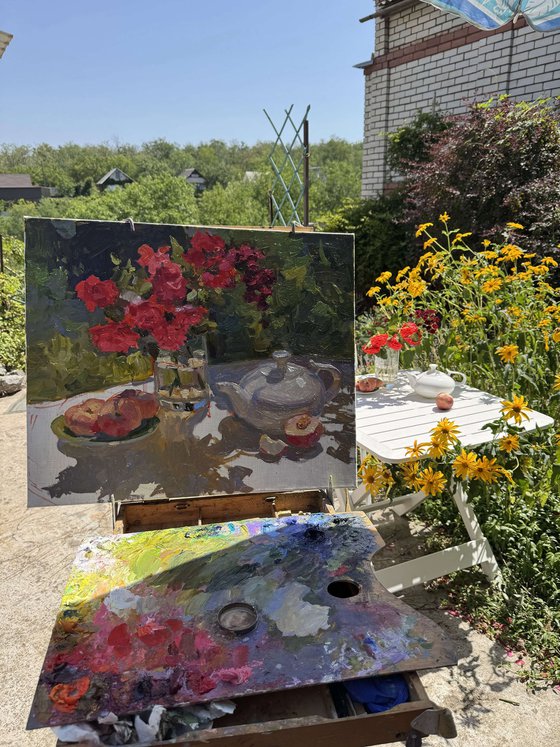 Summer Roses and White Teapot