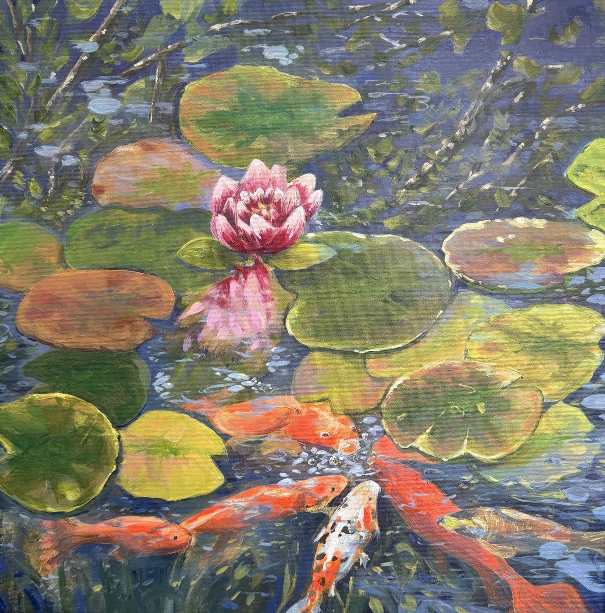 Expressive Landscape Acrylic Painting By Emma Sian Pritchard, 20 X 20, Pond Life!, Original Artwork