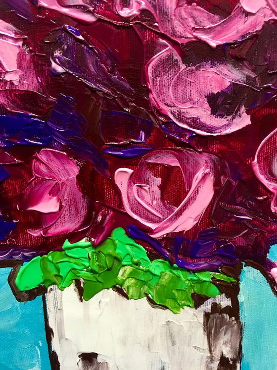 ABSTRACT BOUQUET OF Burgundy Roses  #16 ( NAIVE COLLECTION)  palette  knife Original Acrylic painting office home decor gift