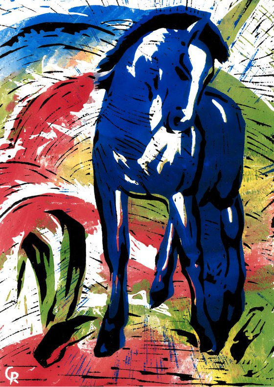 The blue horse - Linoprint inspired by Franz Marc
