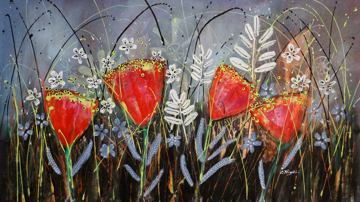 Naive Botanical Acrylic Painting By Cecilia Frigati, 43 X 25, Young Folks - Vintage #1 , Original Artwork