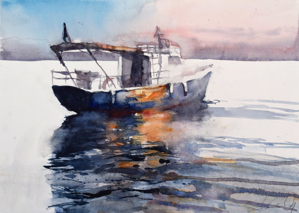 FIshing ship in sunset by Goran Zigolic Watercolors