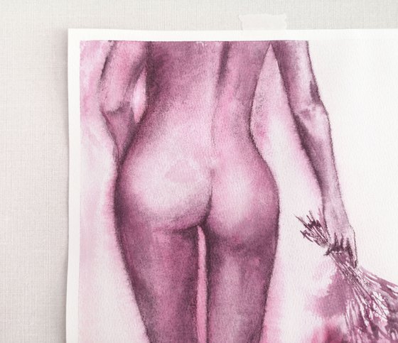Nude sensual girl watercolor painting "Promenade"