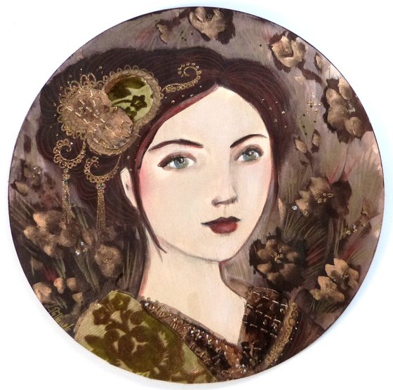 In the golden garden.  wood round artwork 30cm.