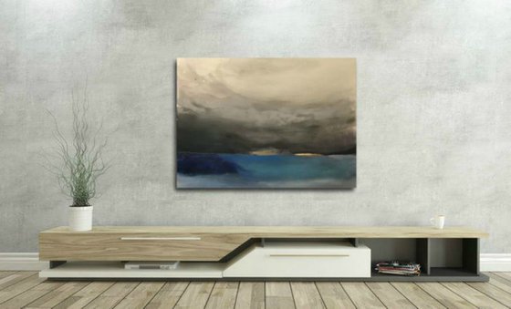 "In your absence" large abstract seascape /landscape neutral blue with gold leaf