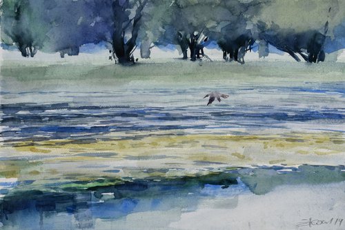 Lake with willows by Goran Žigolić Watercolors