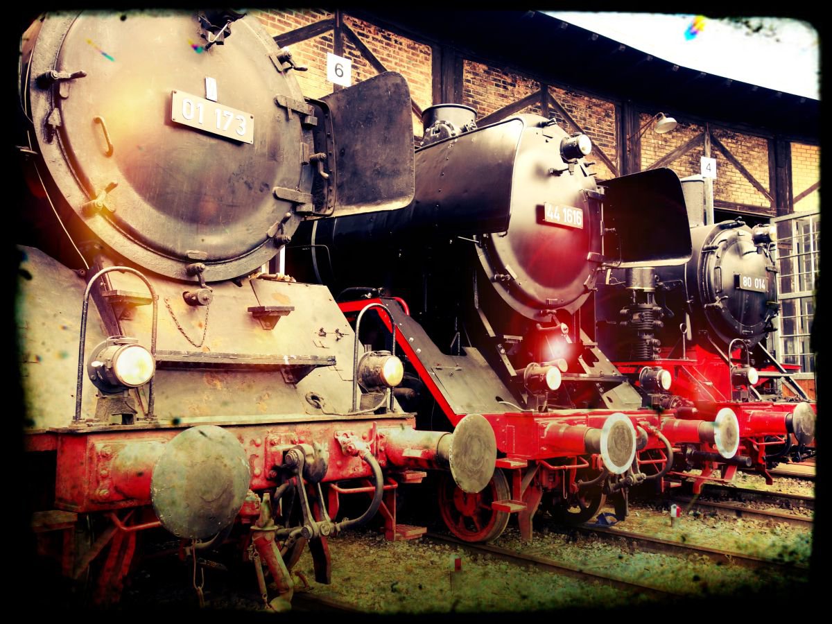 Old steam trains in the depot - print on canvas 60x80x4cm - 08508m4 by Kuebler