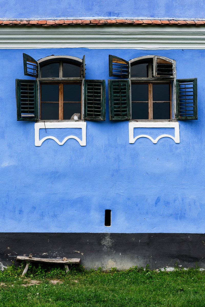 Graphic Cityscapes Photograph By Tom Hanslien, 60 X 90", Transylvanian Blue Saxon Facade, Original Artwork