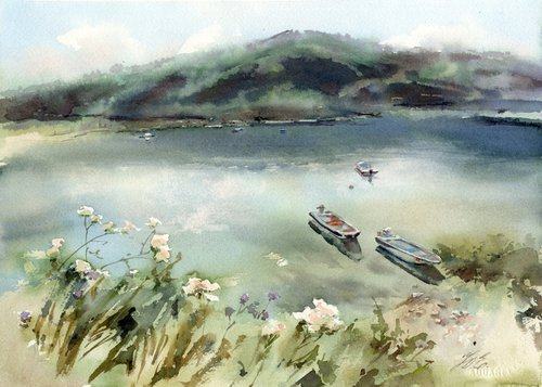 Montenegro boats by the sea, Watercolor painting by Yulia Evsyukova