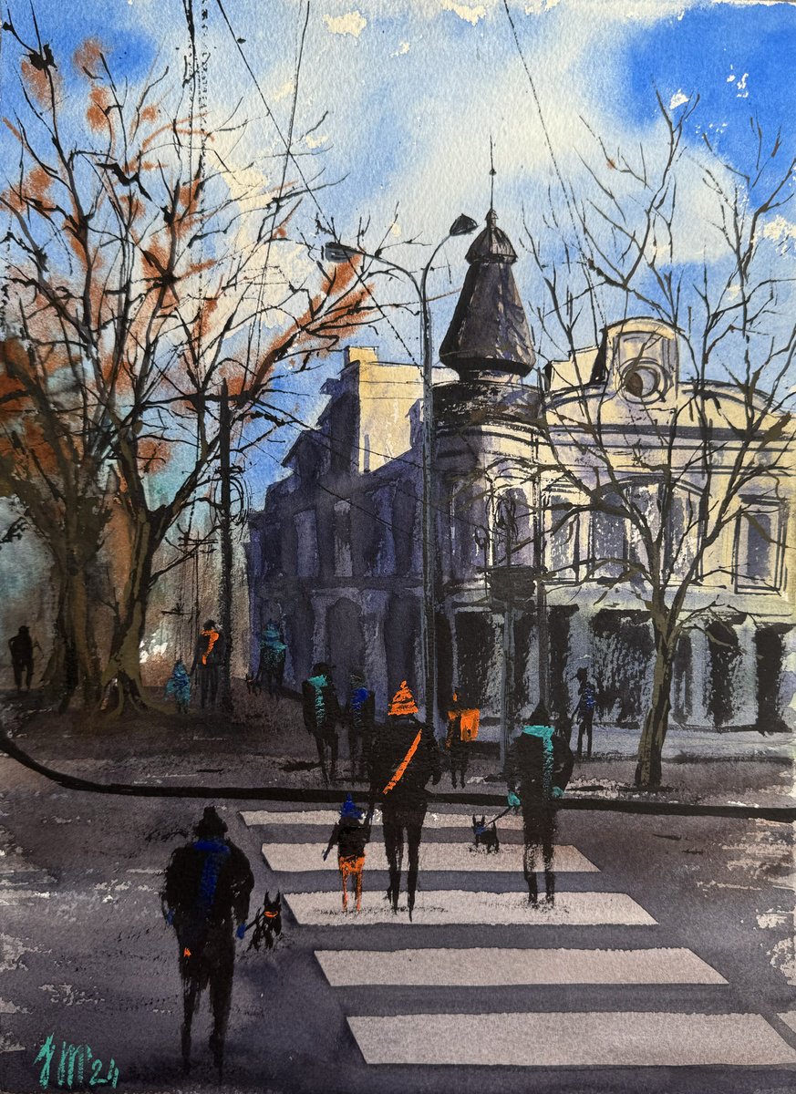 Cityscapes Watercolour By Yuliia Sharapova, 16 X 20", Cityscape Old Town In Spring, Original Artwork