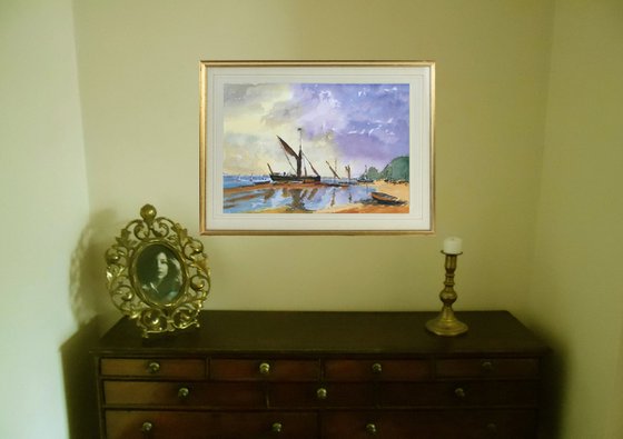 Barges at Anchor, an original watercolour painting