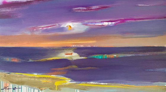 Bright seascape - "Pink evening" - Landscape - Minimalism - Sea - Ocean - Sunset