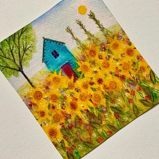 Sunflower Garden, watercolour painting