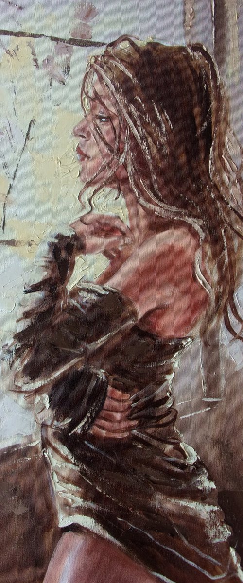 " MORNING AT HOME ... "-   liGHt  ORIGINAL OIL PAINTING, GIFT, PALETTE KNIFE nude WINDOW by Monika Luniak