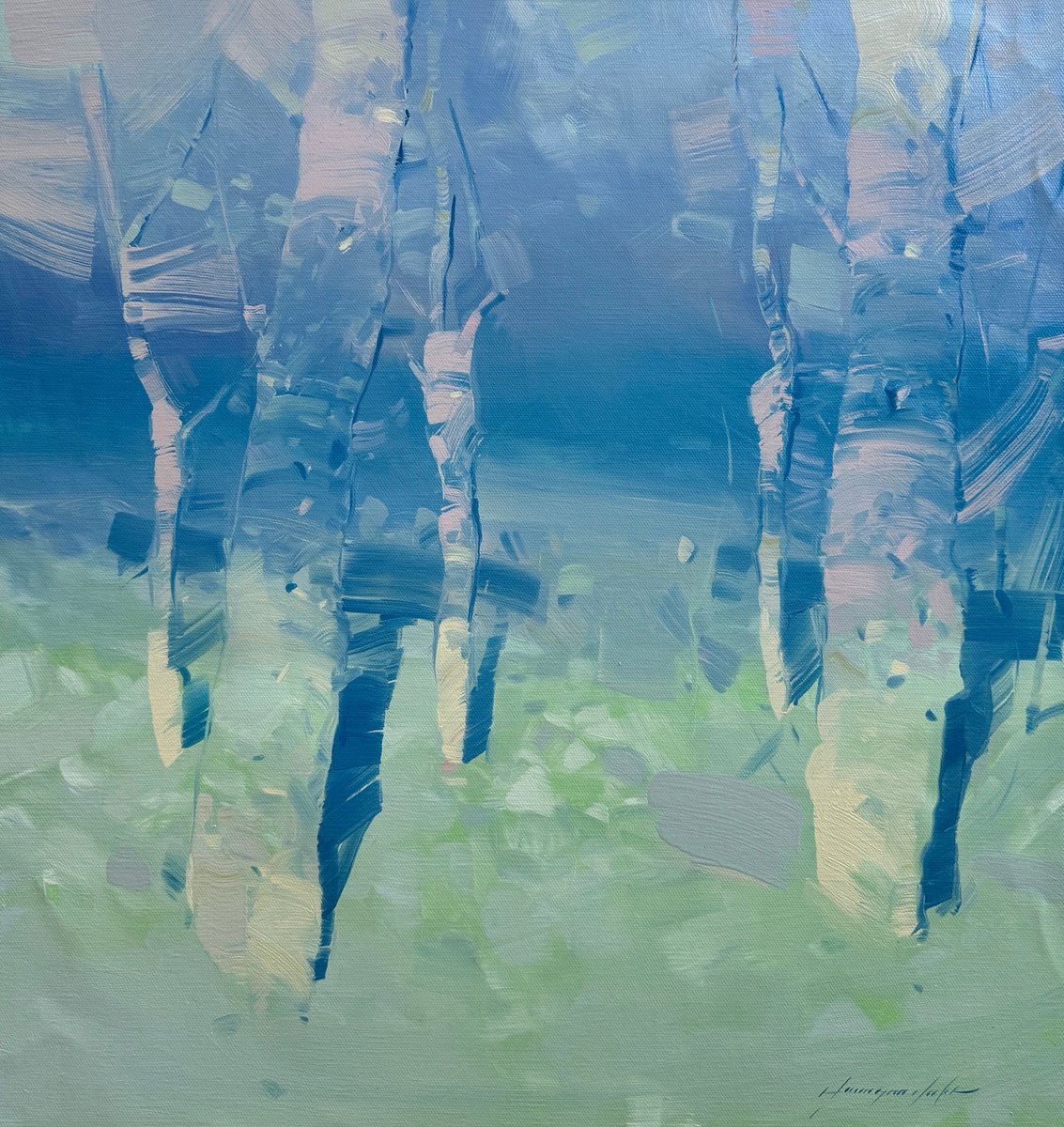 Impressionistic Landscape Oil Painting By Vahe Yeremyan, 27 X 27", Indigo Trees, Original Artwork