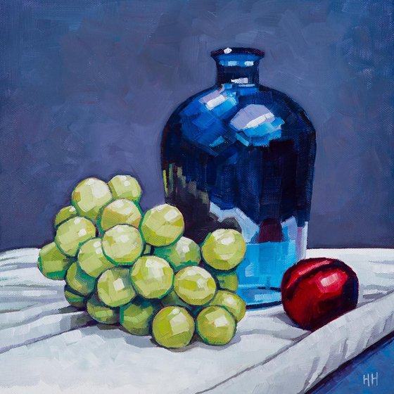 Green Grapes, Blue Vase and a Plum