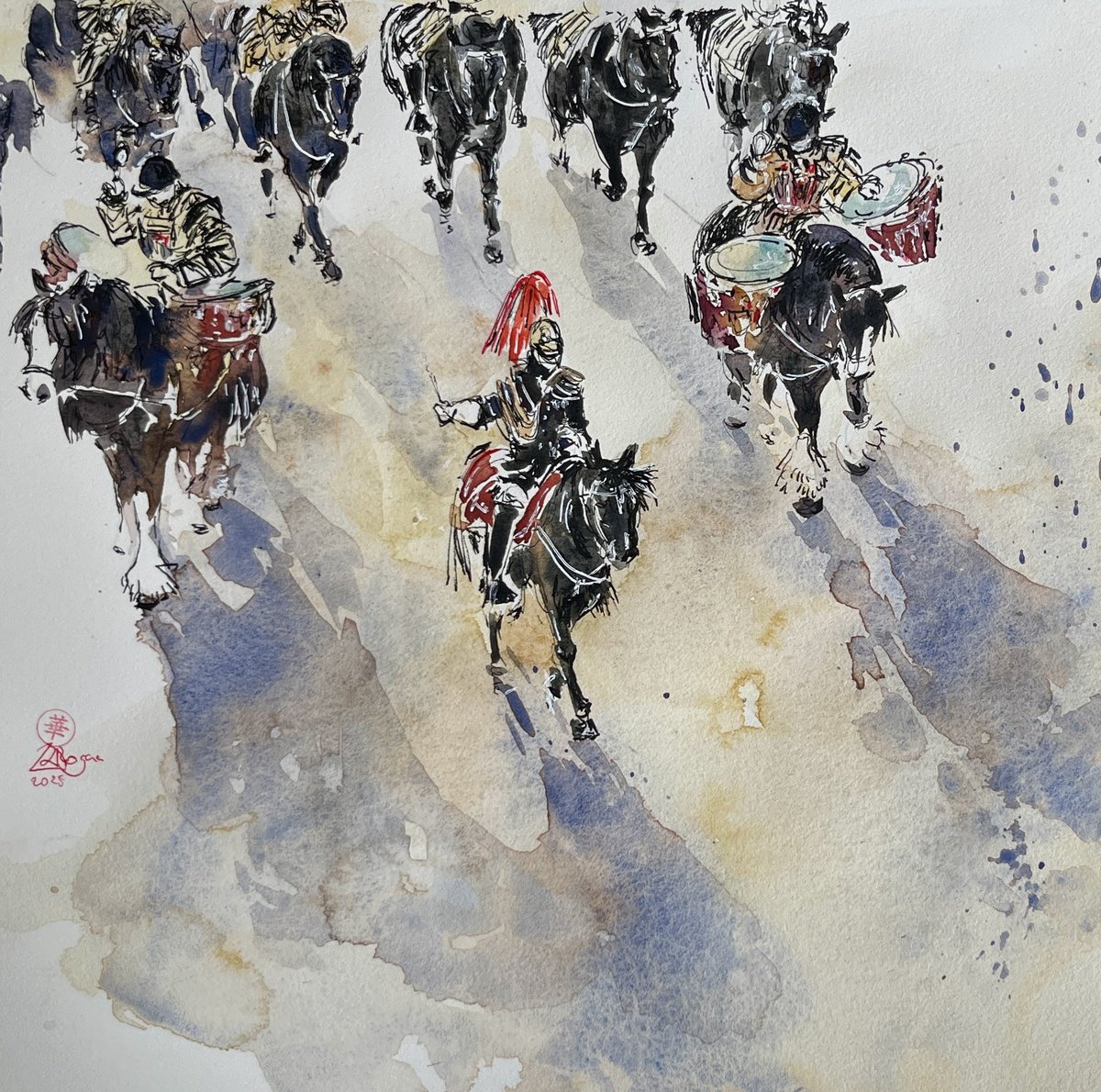 Illustrative Animal Watercolour By Larissa Rogacheva, 11 X 11", Coronation Cavalry Drums, Original Artwork