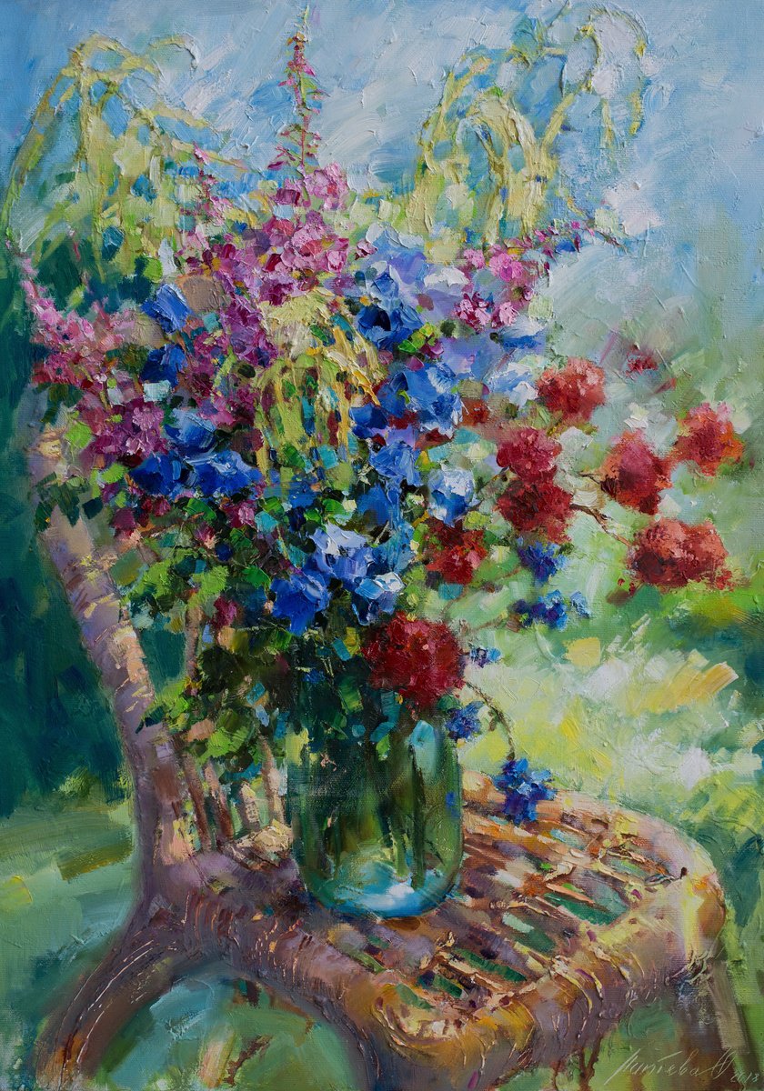 Impressionistic Botanical Oil Painting By Olha Laptieva, 22 X 30", Wildflowers In My Garden, Original Artwork