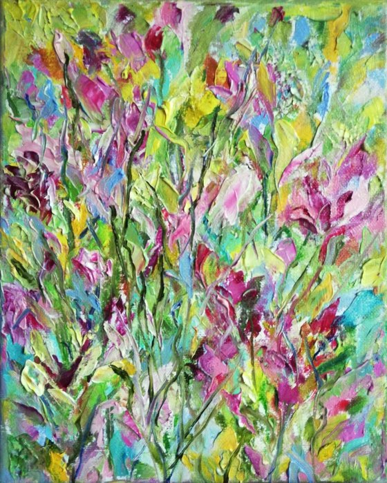 Irises Abstract Flower Meadow - Original Oil on Canvas 10 by 8" (25x20 cm)