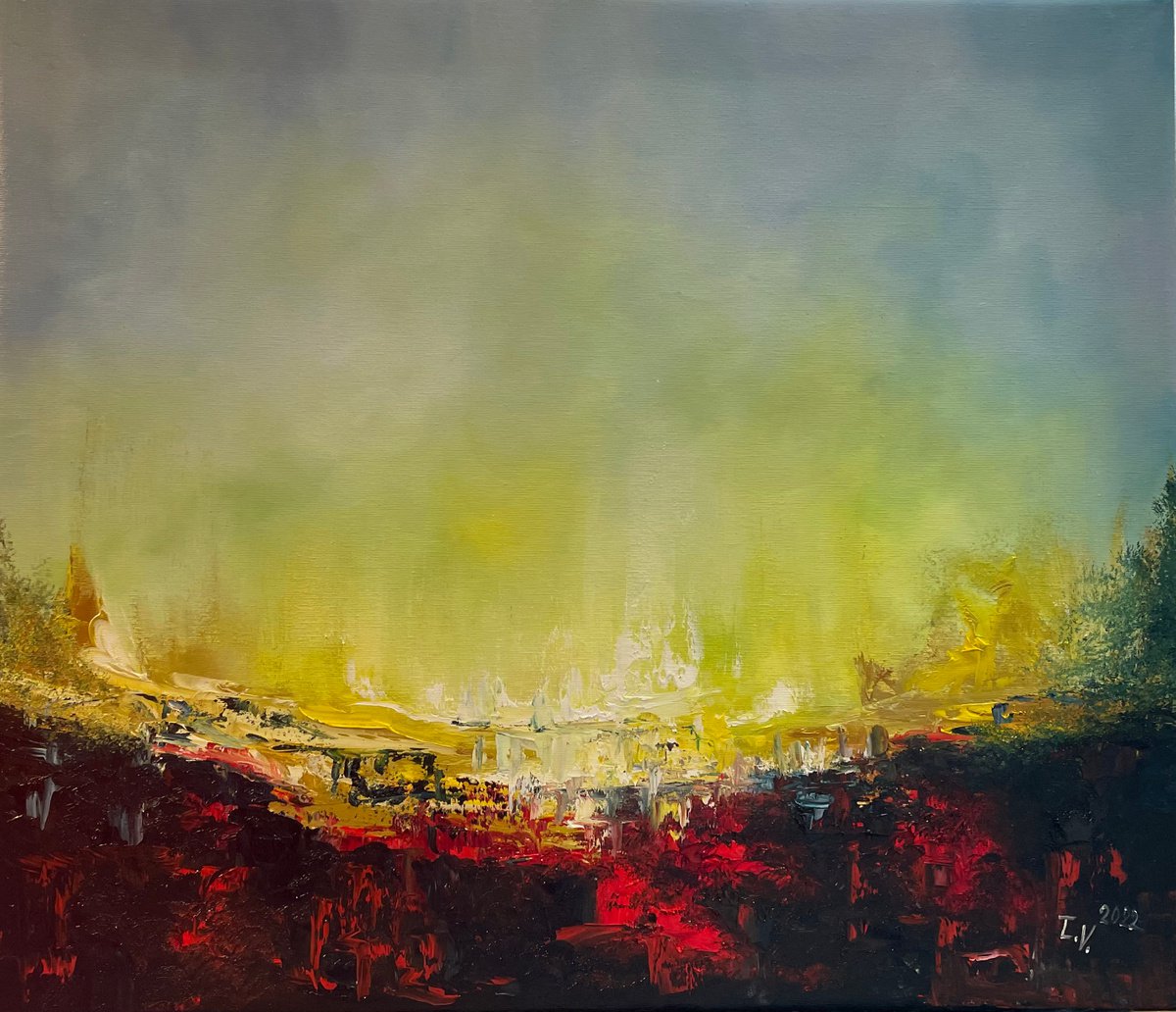 Impressionistic Landscape Oil Painting By Timea Valsami, 28 X 24", Shining Surface, Original Artwork