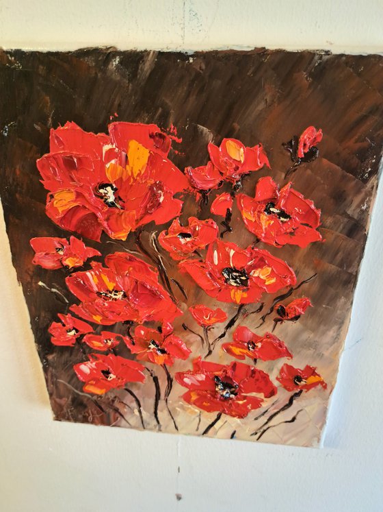 Red poppies brown background