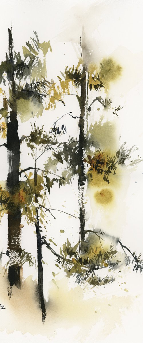 Pine Trees Landscape Watercolor Painting by Sophie Rodionov