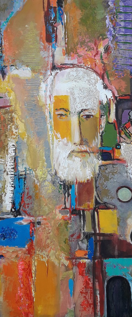 Abstract with self portrait (60x60cm, oil/canvas, ready to hang) by Sergey Xachatryan