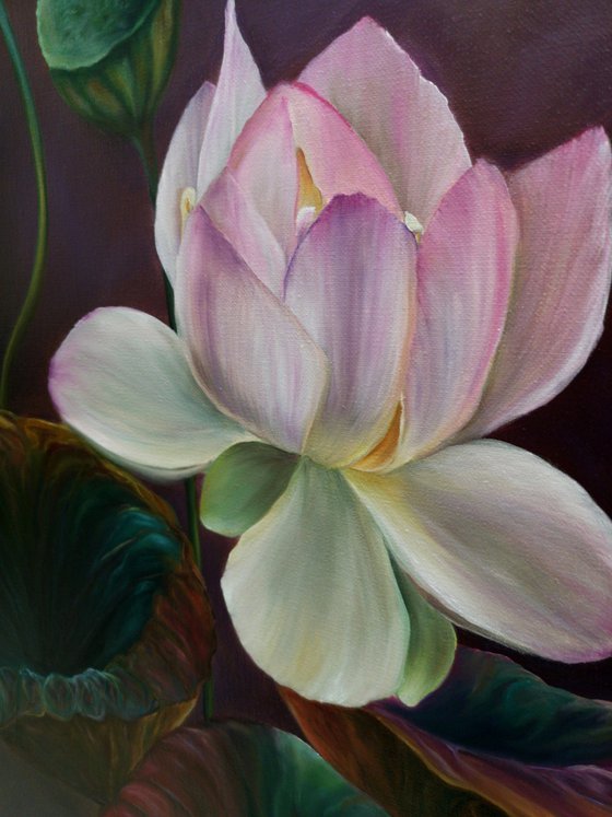 Lotus Magic, Lotus painting, lotus painting, lotus in oil, white lotus, lotus with leaves, oil painting, original gift, home decor, Flowering, Spring, Leaves, Living Room, leaves,  flower picture, petals,  delicate flowers, painting with white flowers