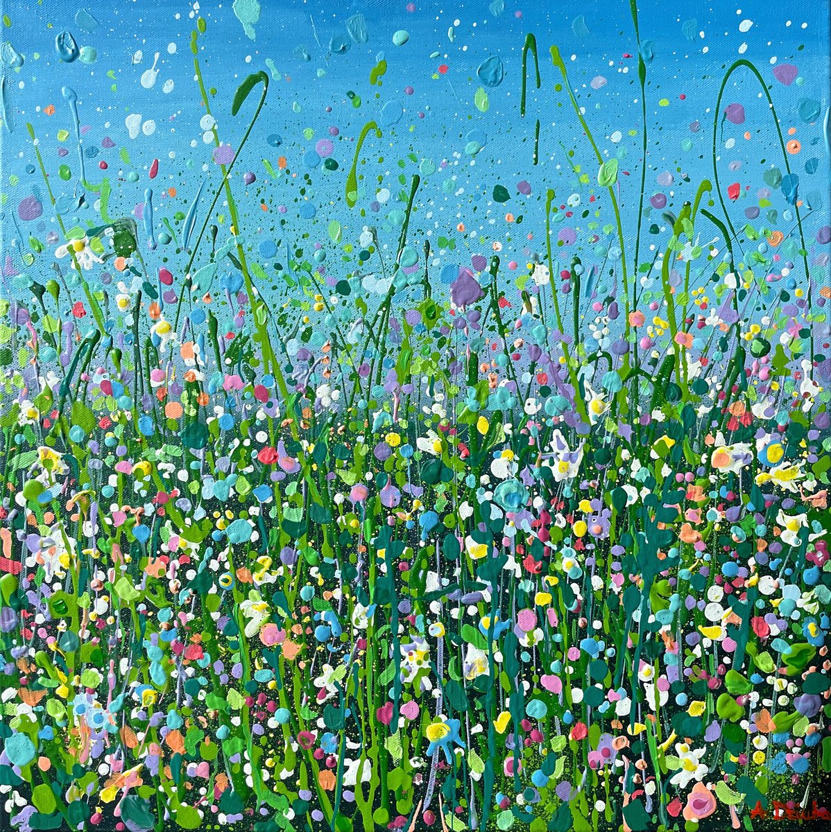 Impressionistic Landscape Acrylic Painting By Adriana Dziuba, 20 X 20, Azure Sky Meadow, Original Artwork