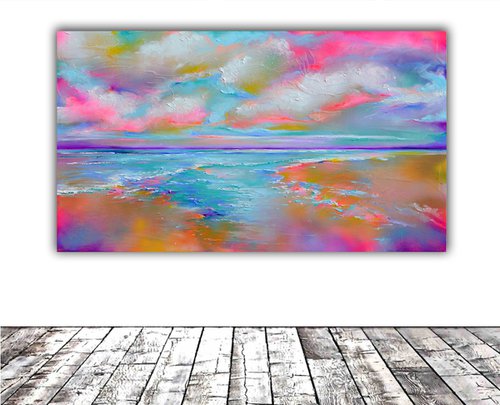 New Horizon 176 - Large Seascape - Sunset, Sunrise, Colourful Painting by Soos Roxana Gabriela