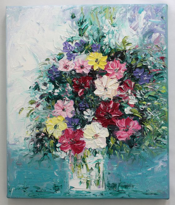 Flowers for you - still life - floral bouquet - palette knife impressionistic textured oil painting on canvas