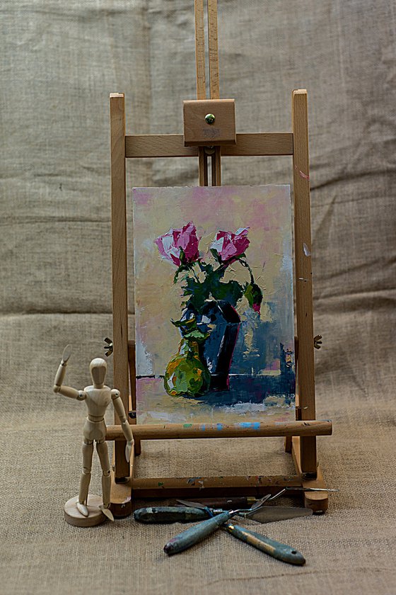Still life painting with roses in vase. Modern still life painting