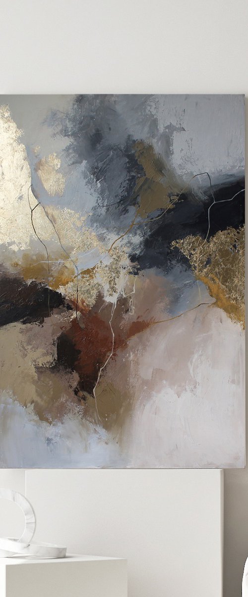 "Rime" Gray brown gold abstract acrylic art by Yana Sagan