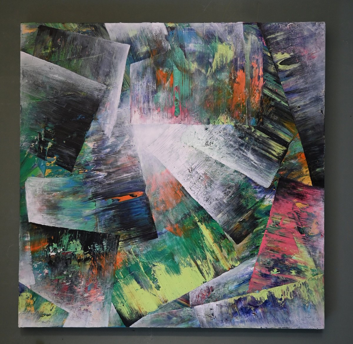 Geometric Abstract Oil Painting By Giuseppe Pastore, 31 X 31, Winning Again, Original Artwork