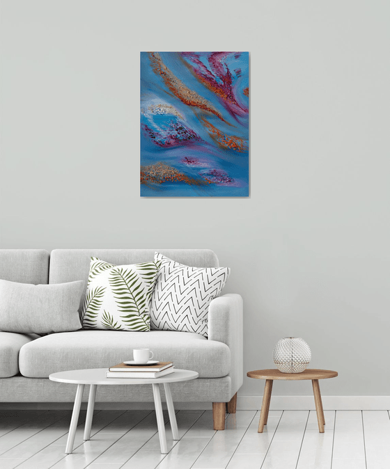 I feel the sky II, textured landscape painting, 60x80 cm